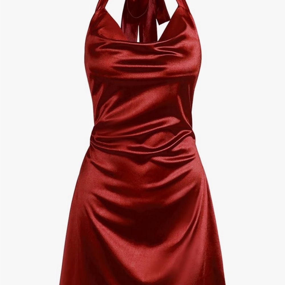 Elegant Red Satin Halter Dress. Perfect for New years or the holidays!